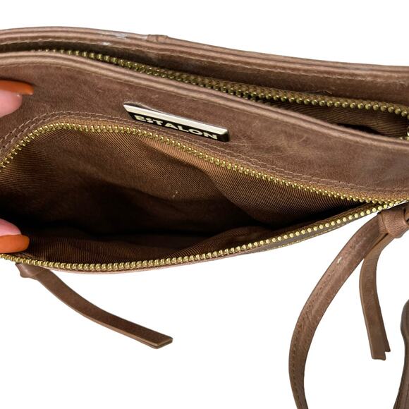 Estalon Leather Crossbody Brown Vintage Slim Crossbody Sipper Pocket Purse - Picture 6 of 9